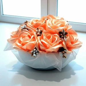 Beyaz Porselen Saksıda Satengüller - Dekoratif Çiçek - Masa Çiçeği -