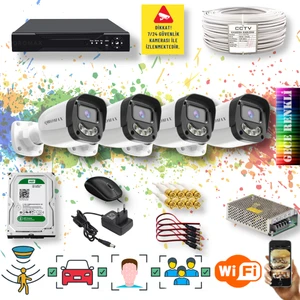 4 Kameralı Set - Yapay Zeka Özellikli Gece Renkli Gösteren 5MP SONY Lensli 4 Ultra Warm Ledli FULLHD Güvenlik Kamerası Seti 2304W-104