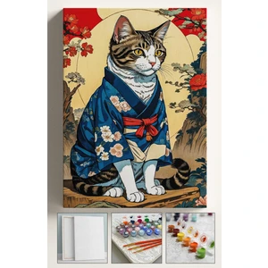 Sayılarla Boyama Çerçeveli Hobi Seti Numaralı Tuval Fırça Boya Dahil Kasnaklı 40X50 cm Japon Kedi