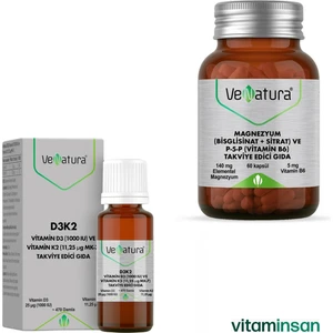 Vitamin D3K2 + Venatura Magnezyum (Bisglisinat+Sitrat) ve P5P (Vitamin B6) 60 Kapsül