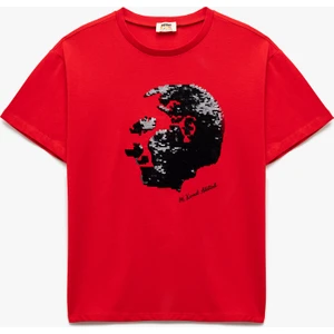 Pullu Payetli Atatürk Baskılı Kısa Kollu Bisiklet Yaka Pamuklu Tişört