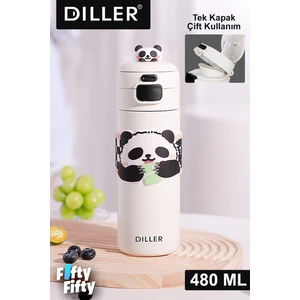 Dıller 480 ml Tek Kapak Çift Kullanım Pipetli/pipetsiz Taşıma Kulplu Vacum Cup/çelik Termos -FFDILLERD9240