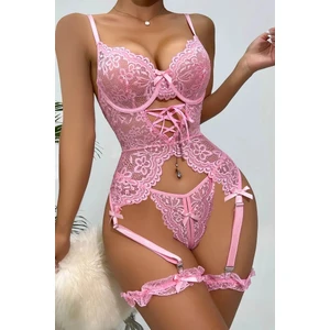 New Dreams Modern Şık Rahat Estetik Pembe Dantelli Jartiyer Gecelik Takım