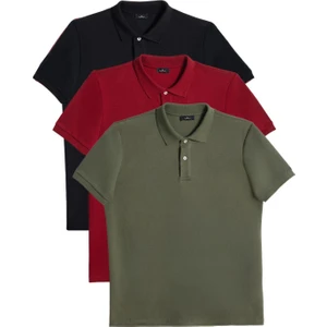 Erkek 3'lü Paket Siyah-Bordo-Haki Slim Fit Dar Kesim Pamuklu Düz Pike Polo Yaka Tişört