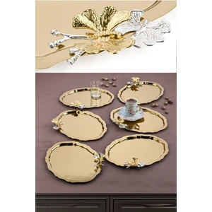 6 Adet Oval Kelebek Aksesuarlı Kahve-Çay Servis ve Sunum Tepsisi 25 cm x 20 cm
