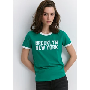 New York Baskılı Beyaz Biyeli Yeşil Tişört 1613061-71879