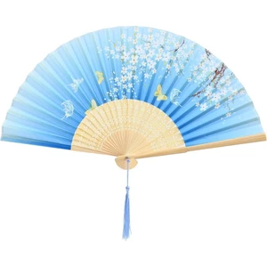 Yelpaze Bambu Vintage Mavi Kelebekli Bahar Dalı Desenli Şık Püsküllü Japon Yelpaze 0396