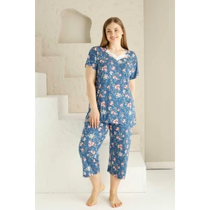 Anne Kalıp Tunik Büyük Beden Kapri-Battal Beden Dantel Detay Kısa Kol Viskon Bermuda Pijama Takımı