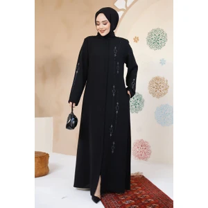 Neva Style - Boncuk Işlemeli Siyah Tesettür Ferace 61358S