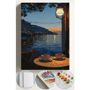 Sayılarla Boyama Çerçeveli Hobi Seti Numaralı Tuval Fırça Boya Dahil Kasnaklı 40X50 cm Gece Kahvesi