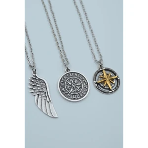 3'lü Büyük Kanat Viking Pusula Tılsım Gümüş Kaplama Kolye Seti