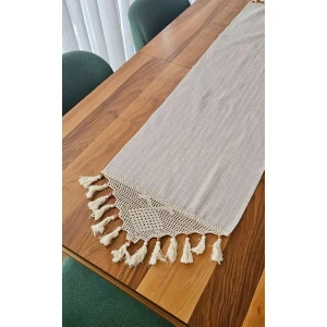 El Örgüsü Dantelli Püsküllü Runner Örtü, Buldan Işi Monika Şömen 45X150