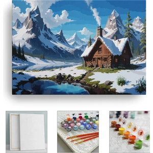 Sayılarla Boyama Çerçeveli Hobi Seti Numaralı Tuval Fırça Boya Dahil Kasnaklı 40X50 cm Karlı Manzara