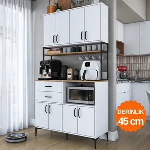 JE209 Çok Amaçlı Dolap 8 Kapaklı 2 Çekmeceli Raflı Kiler Mutfak Dolabı Beyaz - Sepet Ceviz
