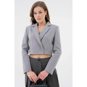 Gri Kruvaze Crop Blazer Ceket