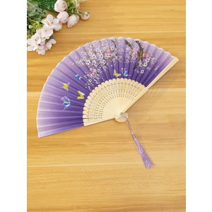 Yelpaze Bambu Vintage Mor Kelebekli Bahar Dalı Desenli Şık Püsküllü Japon Yelpaze 0419
