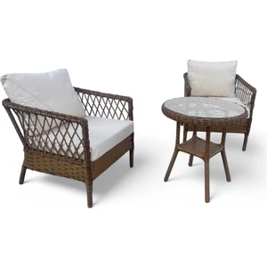 MONALİN MOBİLYA Loft Kahverengi 2 Kişilik(1-1-Masa) Rattan Örgü Bahçe & Balkon & Teras Oturma Grubu Minderli & Camlı & Masalı Takım