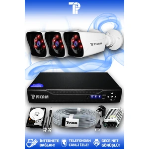 3 Kameralı Kare 3 Dış Kamera Set 250 GB HDD Full HD Gece Görüşlü Güvenlik Kamerası Sistemi