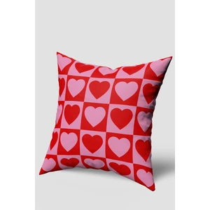 Kırmızı Pembe Kare Kalp Desenli Kırlent Kılıfı