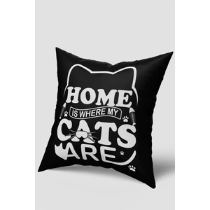 Siyah Beyaz Home Yazılı Kedi Desenli Kırlent Kılıfı