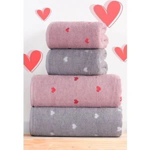 4'lü Banyo Havlu Seti Kalpli - Kalp Desenli Hamam Takımı