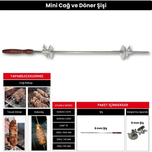 Mini Cağ ve Döner Şişi Paslanmaz Çelik Şiş (57 Cm) + (2 Adet Et Sıkıştırma Aparatı)