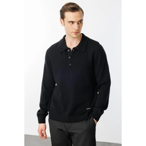 Desen Triko Erkek Polo Yaka Basic Yün Kazak Siyah