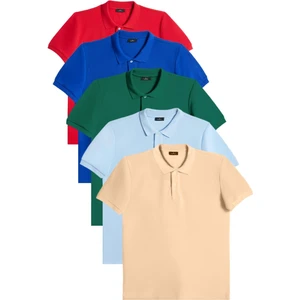 Erkek 5'li Pkt Kırmızı-Saks Mavi-Zümrüt Yeşili-Mavi-Bej Slim Fit Pamuklu Düz Pike Polo Yaka Tişört