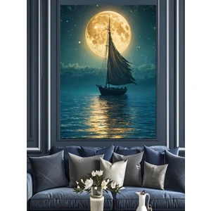 Ay Işığında Yelkenli Dekoratif Kanvas - Mdf Ahşap Tablo