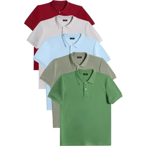 Erkek 5'li Paket Bordo-Gri-Mavi-Haki-Çimen Yeşili Slim Fit Pamuklu Düz Pike Polo Yaka Tişört