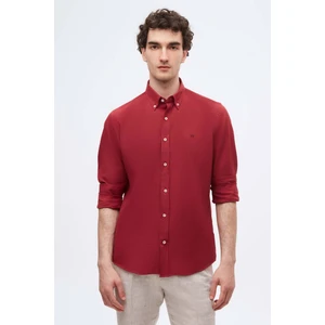 Slim Fit Bordo Oxford Düğmeli Yaka Kolay Ütülenebilir Nakış Detaylı Pamuklu Gömlek 4HC02ORT03265