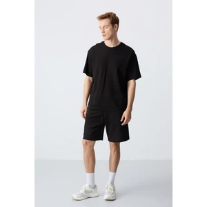 Siyah Pamuklu Kalın Yumuşak Dokulu Oversize Fit Basic Erkek Şort Takım - 85257