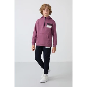 Tommy Life  Soft Vişne-Lacivert Pamuklu Kalın Içi Tüylü Yumuşak Dokulu Standart Fit Baskılı Erkek Çocuk eşofman takım - 11246