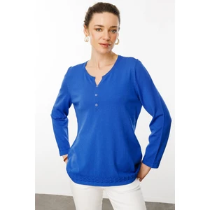Kadın Açma Yaka Düğmeli Triko Bluz Saks