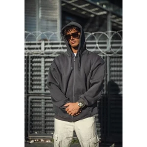 Lushio Wear Oversize Tam Fermuarlı Uzun Kol Hırka - Füme