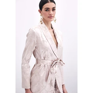 Desenli Uzun Ceket - Pudra