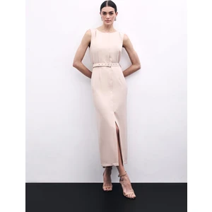 Kemerli Kalem Elbise - Bej