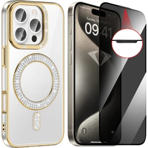iPhone 16 Pro Max Kılıf Pırlanta Taş Tasarımlı Magsafe Şarj Özellikli Zore Karetta Silikon Kapak + Hayalet Ekran Koruyucu