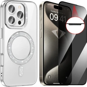 iPhone 16 Pro Max Kılıf Pırlanta Taş Tasarımlı Magsafe Şarj Özellikli Zore Karetta Silikon Kapak + Hayalet Ekran Koruyucu