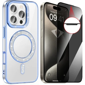 iPhone 16 Pro Max Kılıf Pırlanta Taş Tasarımlı Magsafe Şarj Özellikli Zore Karetta Silikon Kapak + Hayalet Ekran Koruyucu