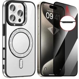 iPhone 16 Pro Max Kılıf Pırlanta Taş Tasarımlı Magsafe Şarj Özellikli Zore Karetta Silikon Kapak + Hayalet Ekran Koruyucu