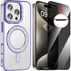 iPhone 16 Pro Max Kılıf Pırlanta Taş Tasarımlı Magsafe Şarj Özellikli Zore Karetta Silikon Kapak + Hayalet Ekran Koruyucu