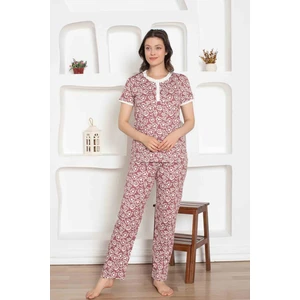 Kadın Çiçek Desen Bisiklet Yaka 3 Düğmeli  Pamuk Penye Ince Yazlık Kısa Kol Pijama Takımı