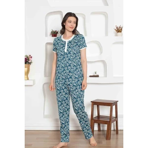 Kadın Çiçek Desen Bisiklet Yaka 3 Düğmeli  Pamuk Penye Ince Yazlık Kısa Kol Pijama Takımı