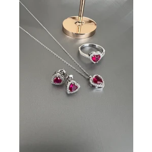 Zeta Jewel Gümüş Kalpli  Yüzük Kolye Küpe Seti