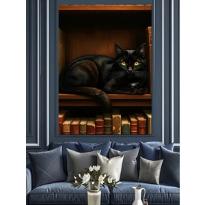 Kitaplıkta Kara Kedi Dekoratif Kanvas - Mdf Ahşap Tablo
