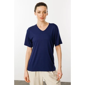 Desen Triko Kadın V Yaka Kısa Kollu Penye T-Shirt Lacivert