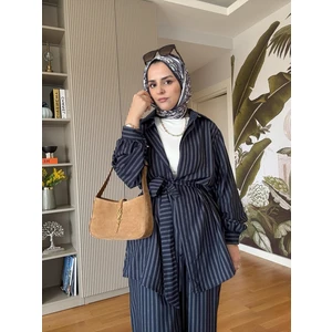 Aselim Hijap Moda Çizgili Kuşaklı Pamuklu Gömlek Takım Beyaz