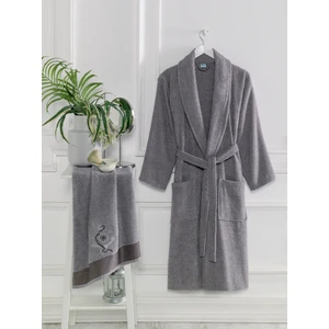 Bornoz - Nakışlı Havlu Seti Cora Antrasit L/XL+45X85CM