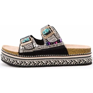 25Y103 Kadın Mantar Platform Taban Taşlı Çift Tokalı Comfort Terlik Siyah